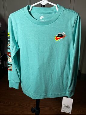 Nike Teal Long-Sleeve Graphic Tee with Multicolor Swoosh